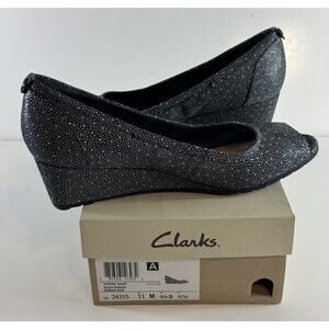 Vintage Clarks Artisan Peep-Toe Vendra Daisy Wedge, Black Nubuck, Sz: 11, 71-07